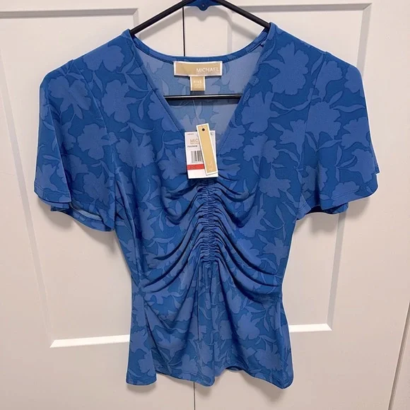 NWT [MICHAEL Michael Kors] Printed Ruched Top in Grecian Blue Women’s Petite XS - Picture 7 of 13
